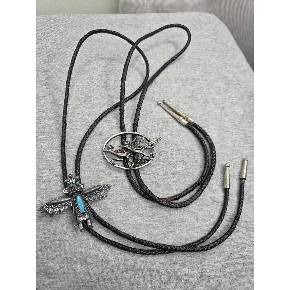 Lot of 2 Vintage Turquoise Thunderbird Kachina Road Runner Leather Bolo Ties